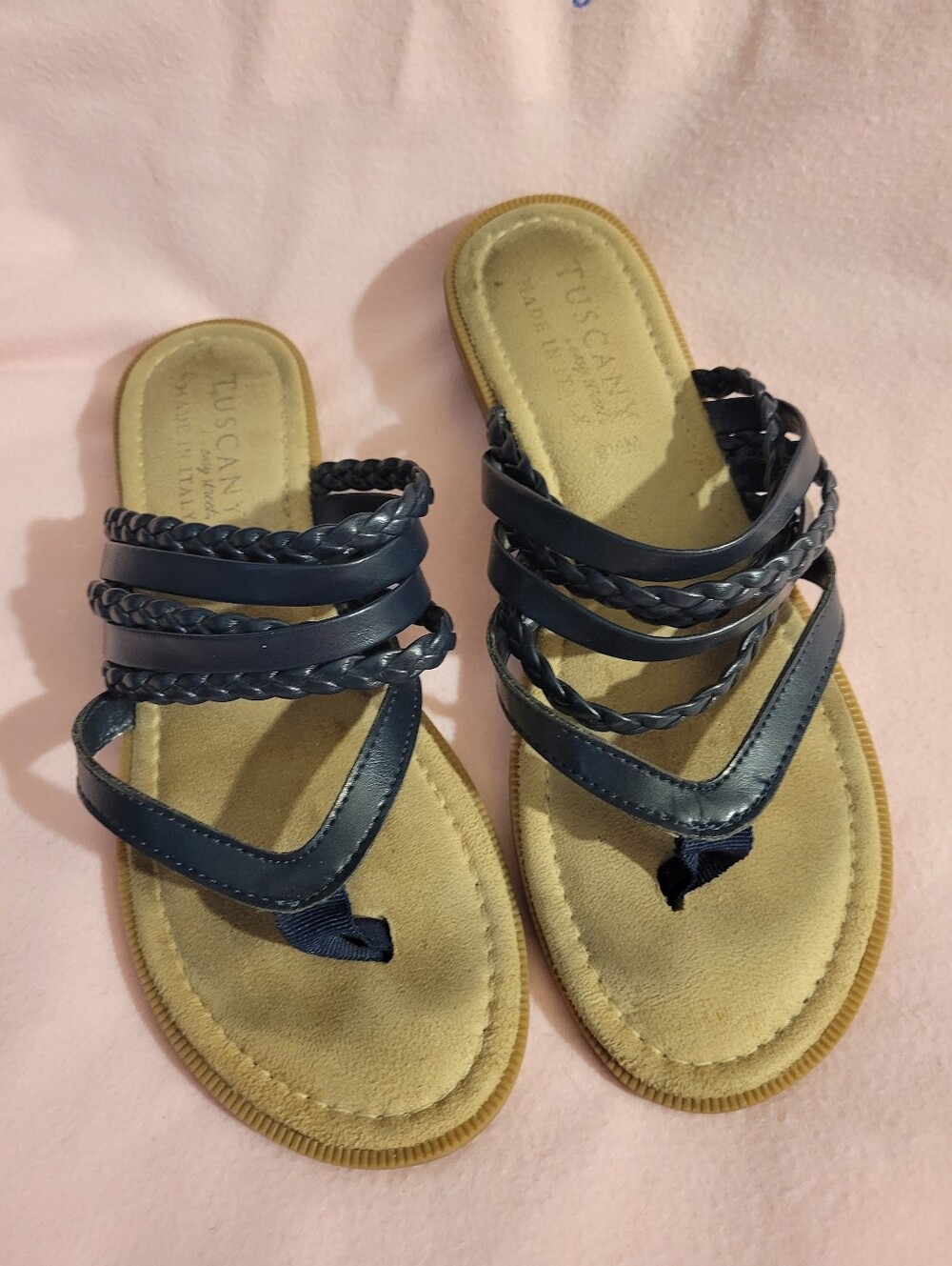 Tuscany By Easy Street Navy Anji Flat Sandals Multi Strap Thong 6.5